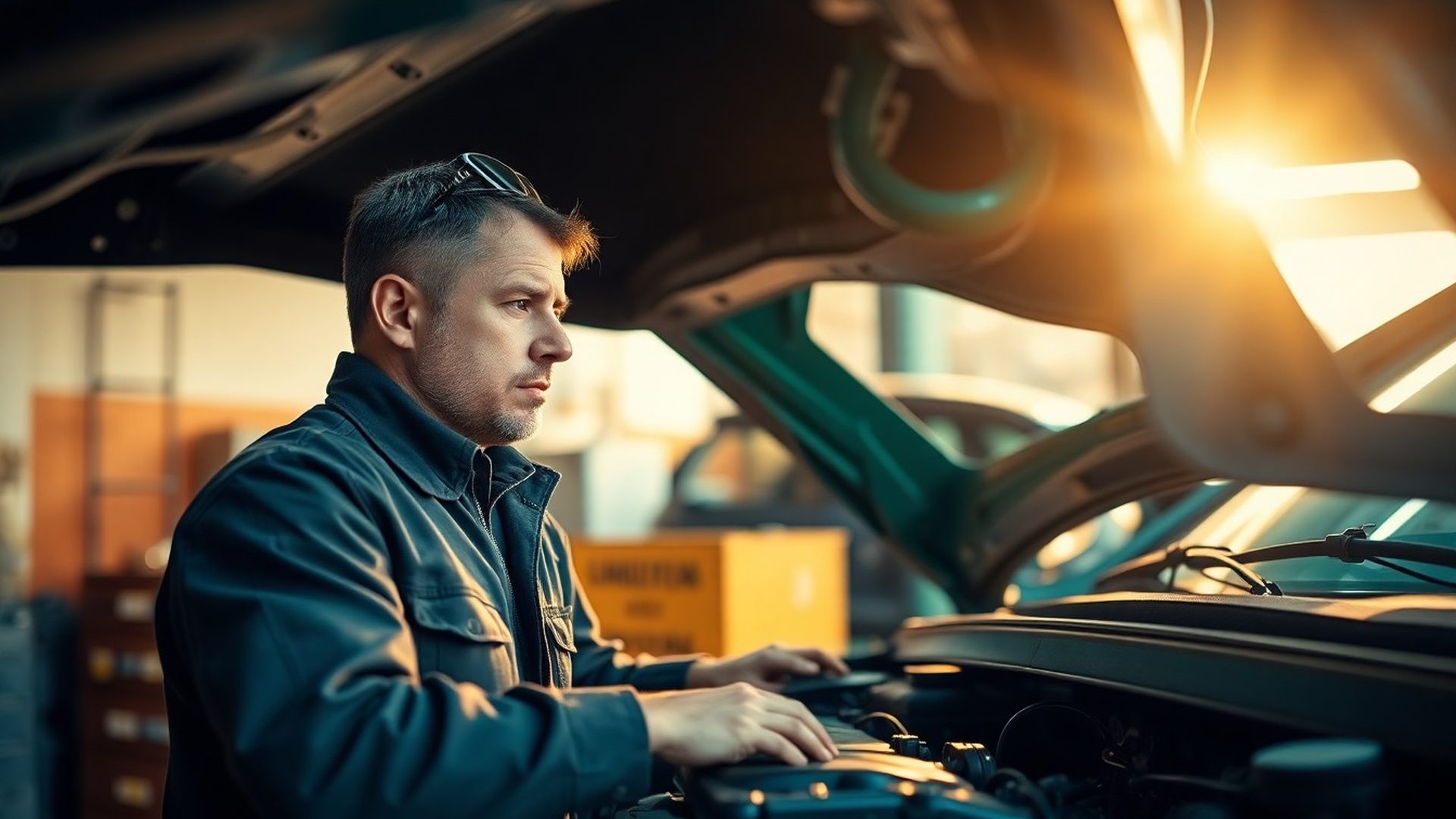 Mecanic Swiftspulse inspectând compartimentul motor al unui vehicul în atelierul din Constanța