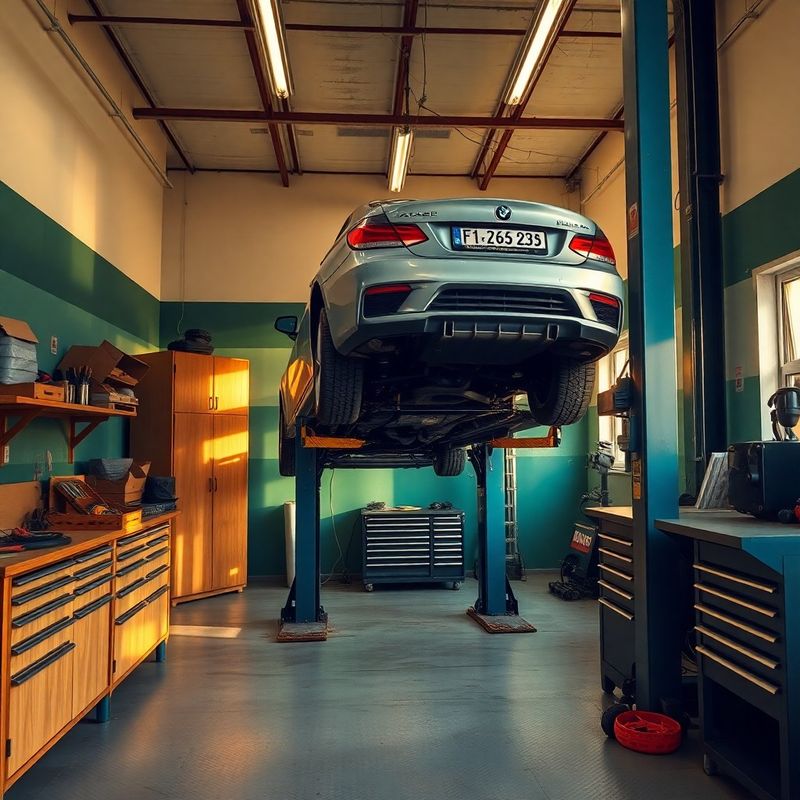 Interior curat al atelierului Swiftspulse cu accente verzi și un vehicul ridicat pe elevator