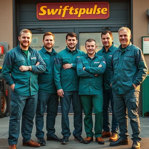 Portret de grup al echipei Swiftspulse în fața atelierului din Constanța